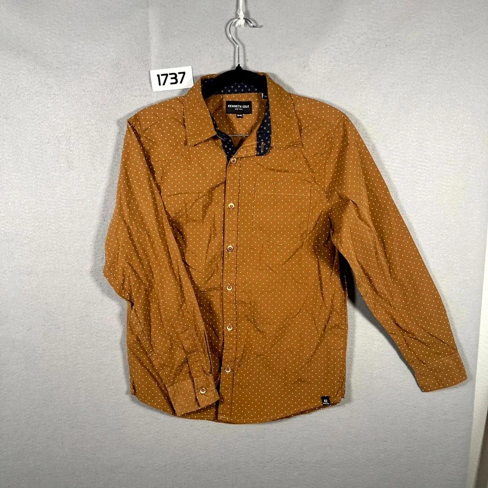 Kenneth Cole New York Shirt Boys‎ 14/16 Brown Polka Dot Pockets Casual Button Up